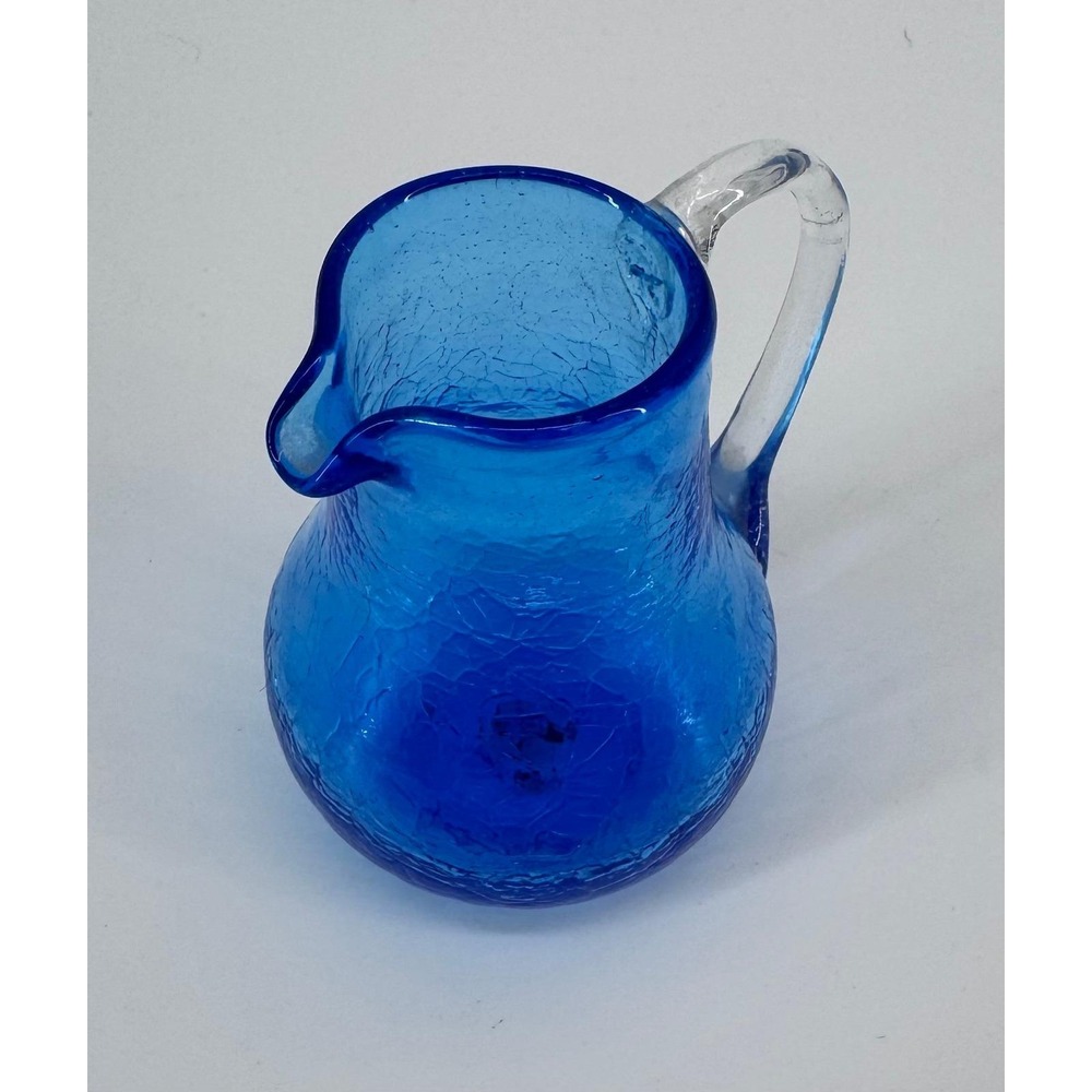 Blenko or Pilgrim Style Cobalt Crackle Glass Pitcher Decor Creamer Jug 3.5 in - Picture 6 of 9